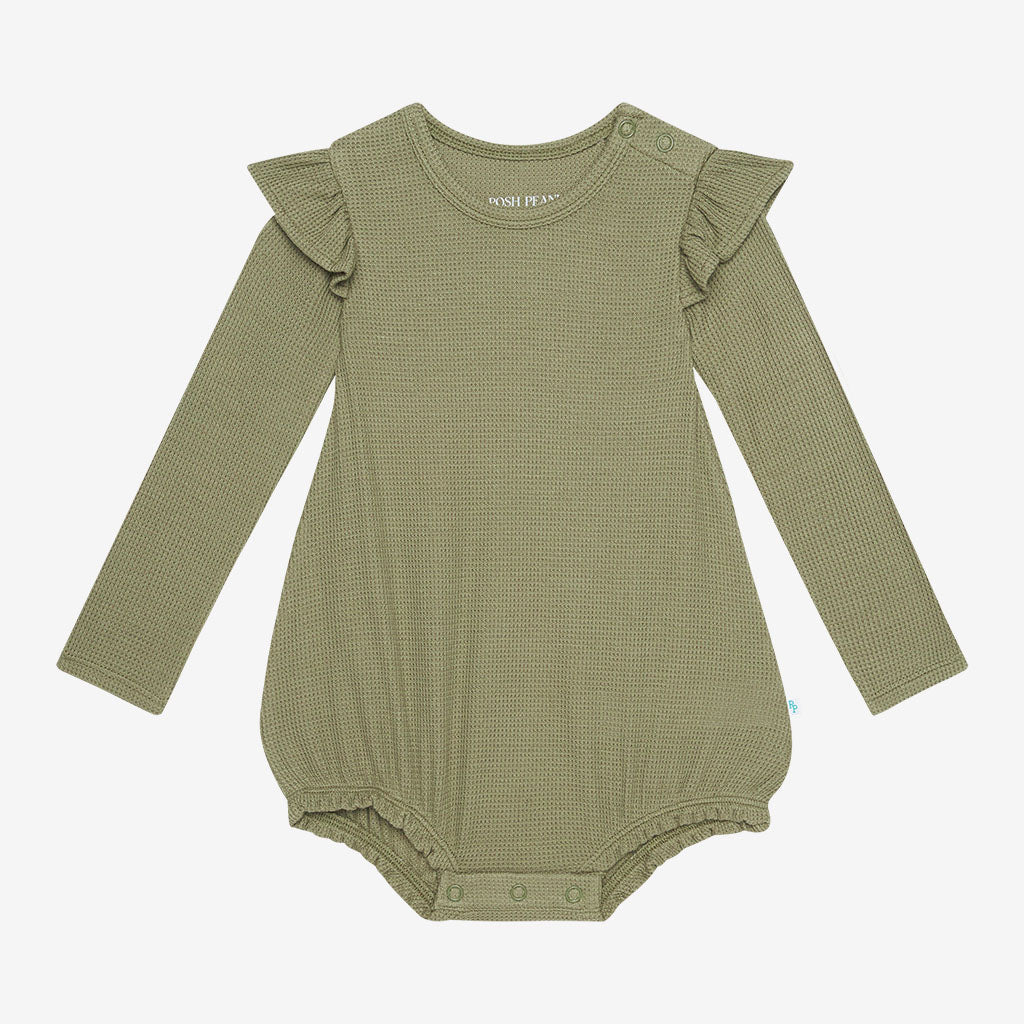 Olive Waffle Ruffled Long Sleeve Bubble Romper