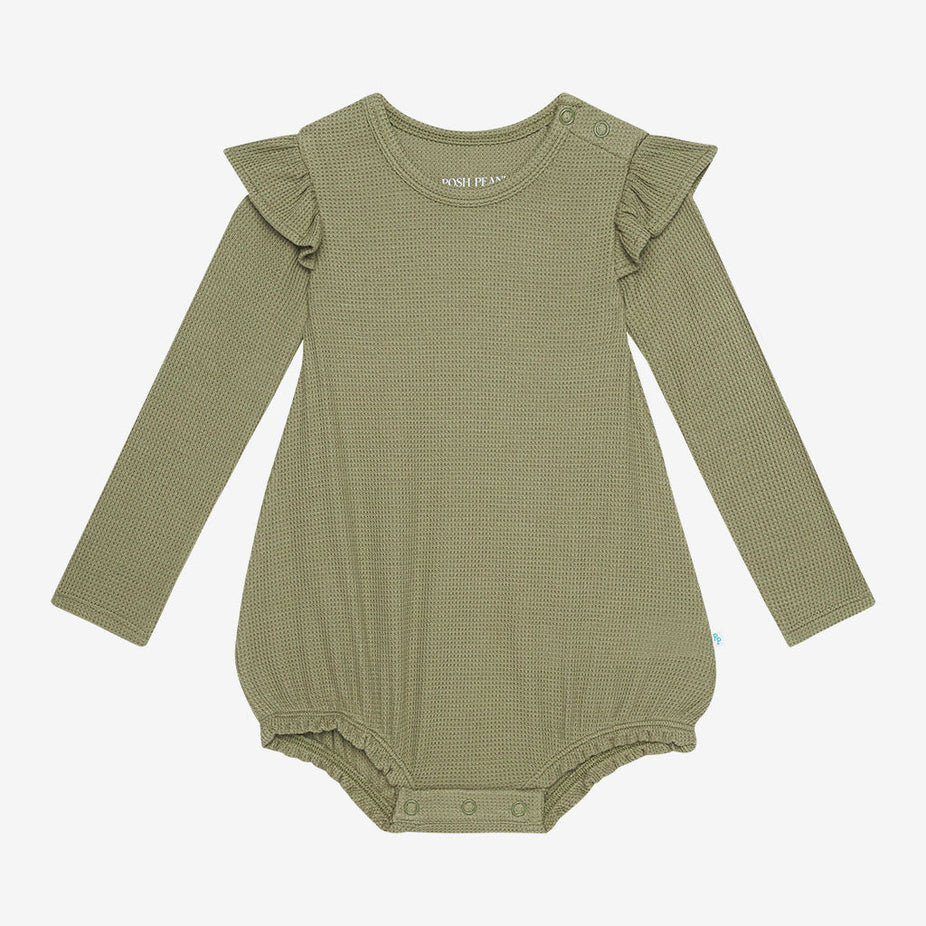 Olive Waffle Ruffled Long Sleeve Bubble Romper