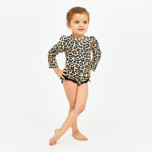 Lana Leopard Tan Long Sleeve Ruffled Rash Guard Swimsuit