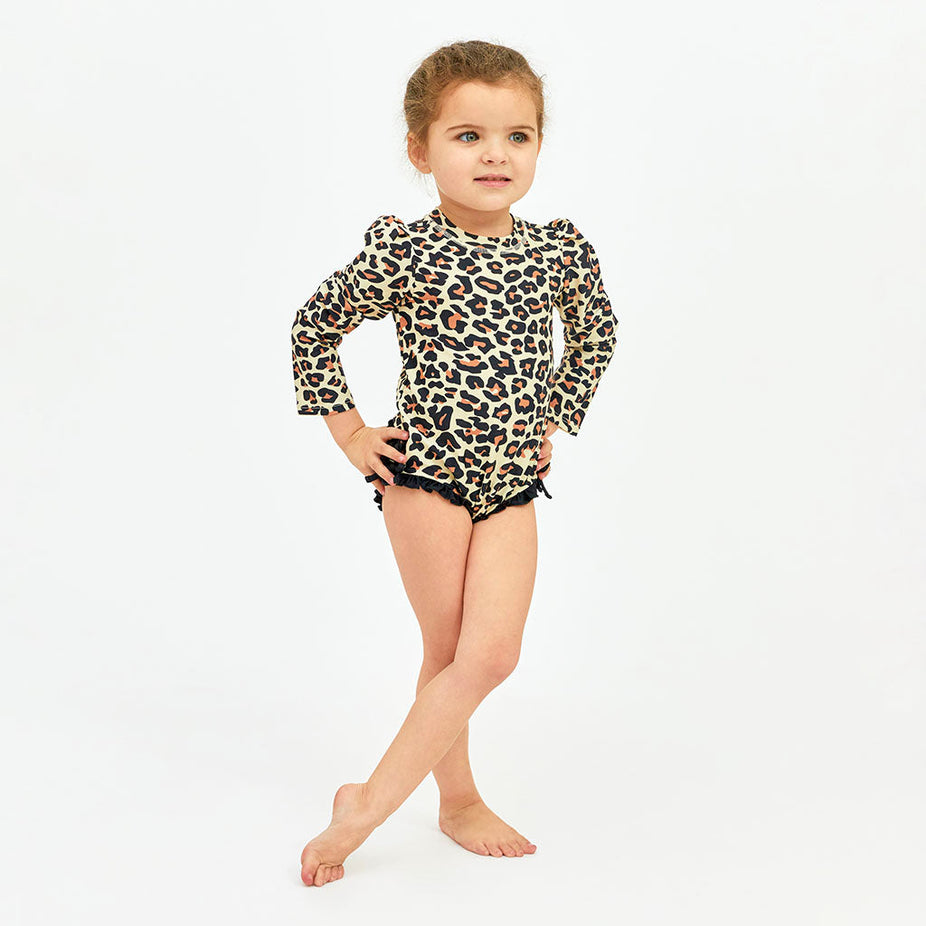 Lana Leopard Tan Long Sleeve Ruffled Rash Guard Swimsuit