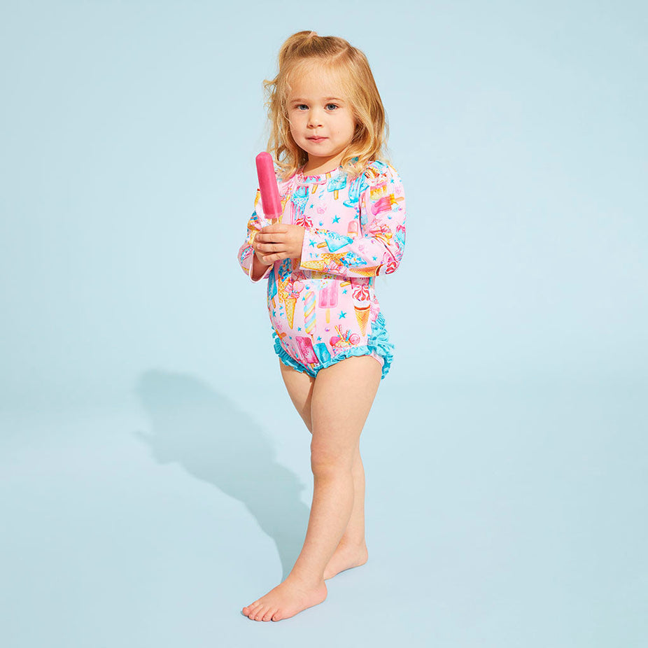 Priscilla Long Sleeve Ruffled Rash Guard Swimsuit