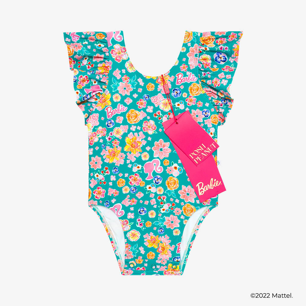 Malibu Barbie™ Floral Ruffled Cap Sleeve One Piece Swimsuit