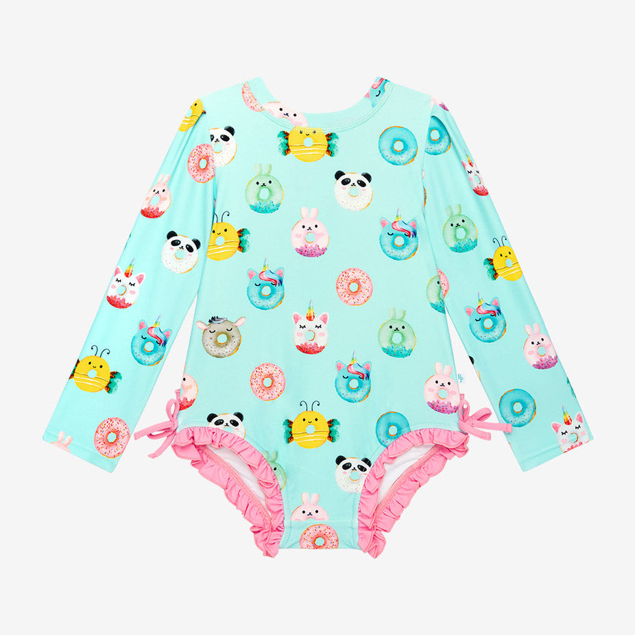 Donuts Long Sleeve Ruffled Rash Guard Swimsuit