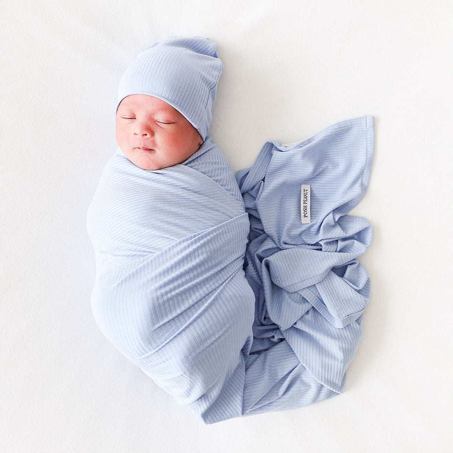 Powder Blue Ribbed Swaddle Beanie Set