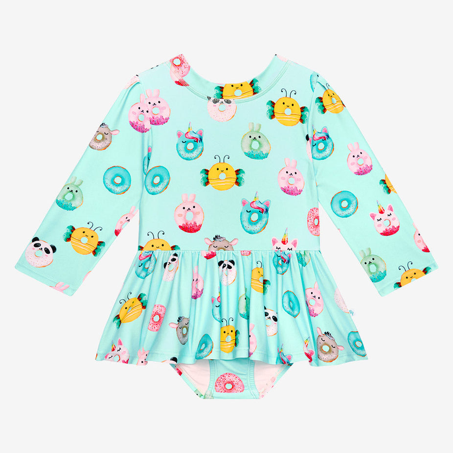 Donuts Long Sleeve Rash Guard Twirl Skirt Swimsuit