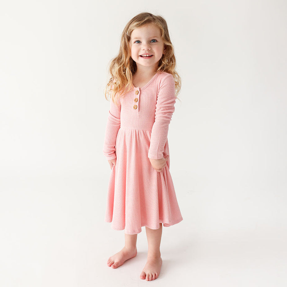 Fall Rose Waffle Long Sleeve Henley Twirl Dress
