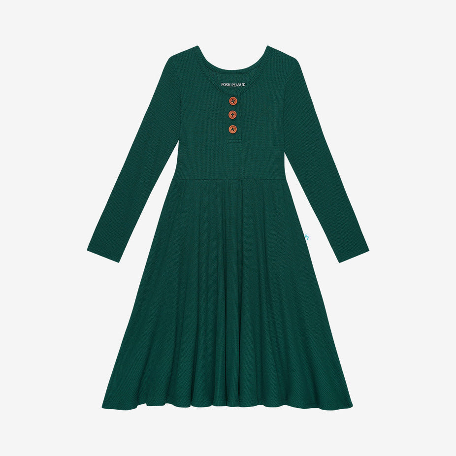 Hunter Green Waffle Long Sleeve Henley Twirl Dress