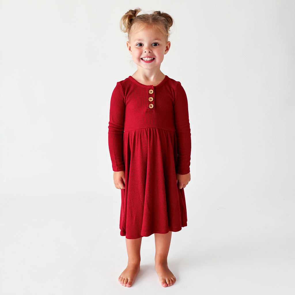 Maroon Waffle Long Sleeve Henley Twirl Dress