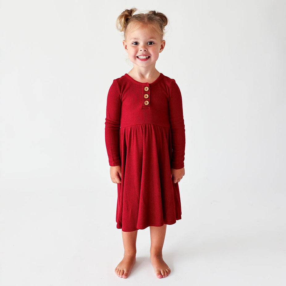 Maroon Waffle Long Sleeve Henley Twirl Dress