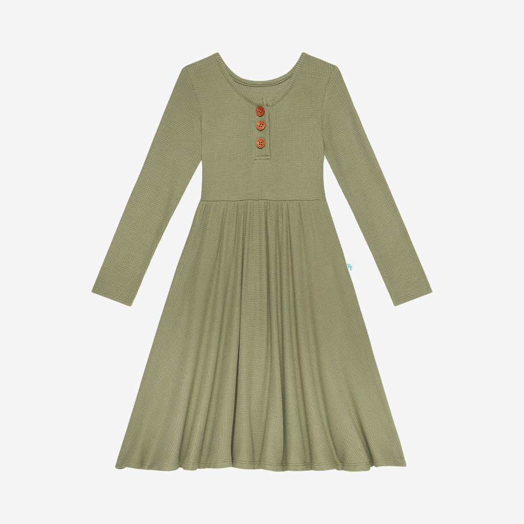 Olive Waffle Long Sleeve Henley Twirl Dress