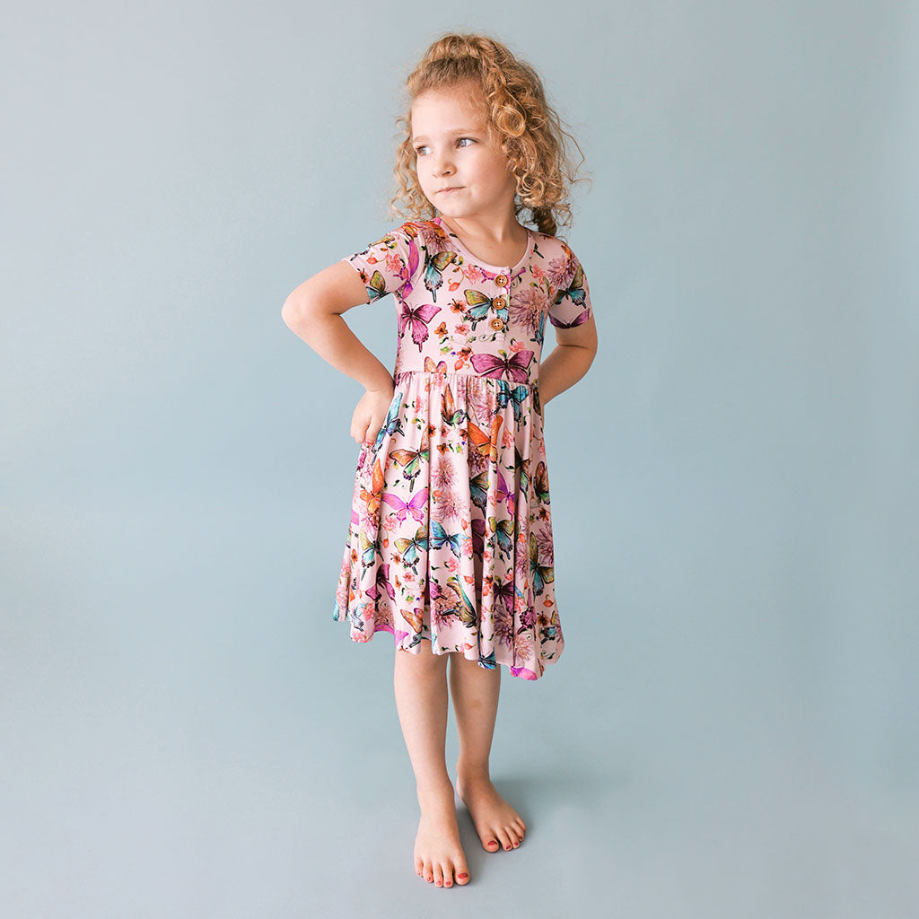 Watercolor Butterfly Short Sleeve Henley Twirl Dress