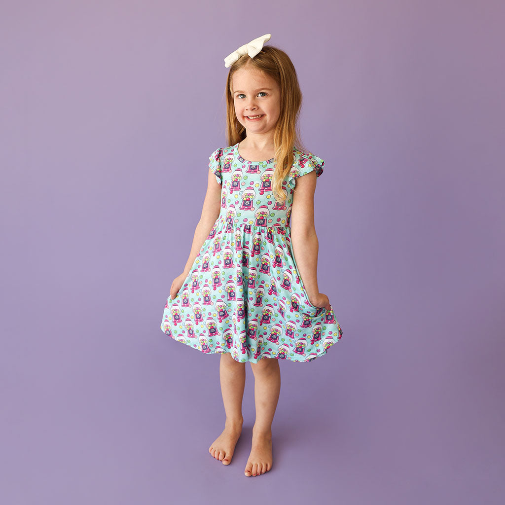 Poshalicious Gum Ruffled Cap Sleeve Twirl Dress