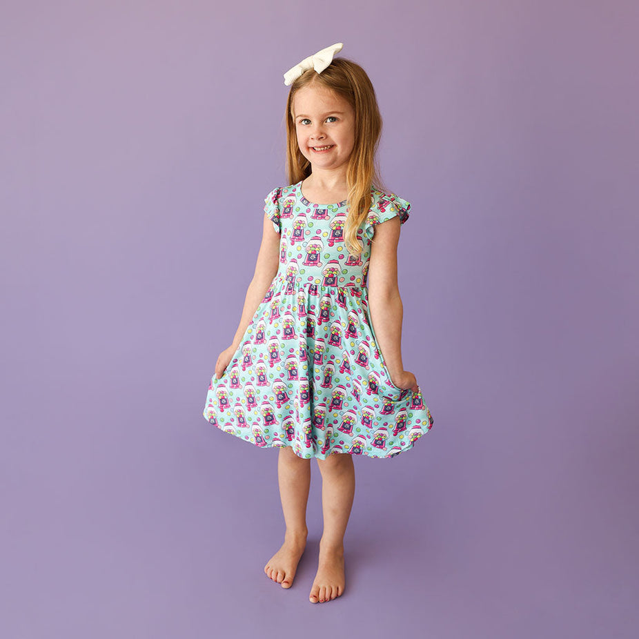 Poshalicious Gum Ruffled Cap Sleeve Twirl Dress