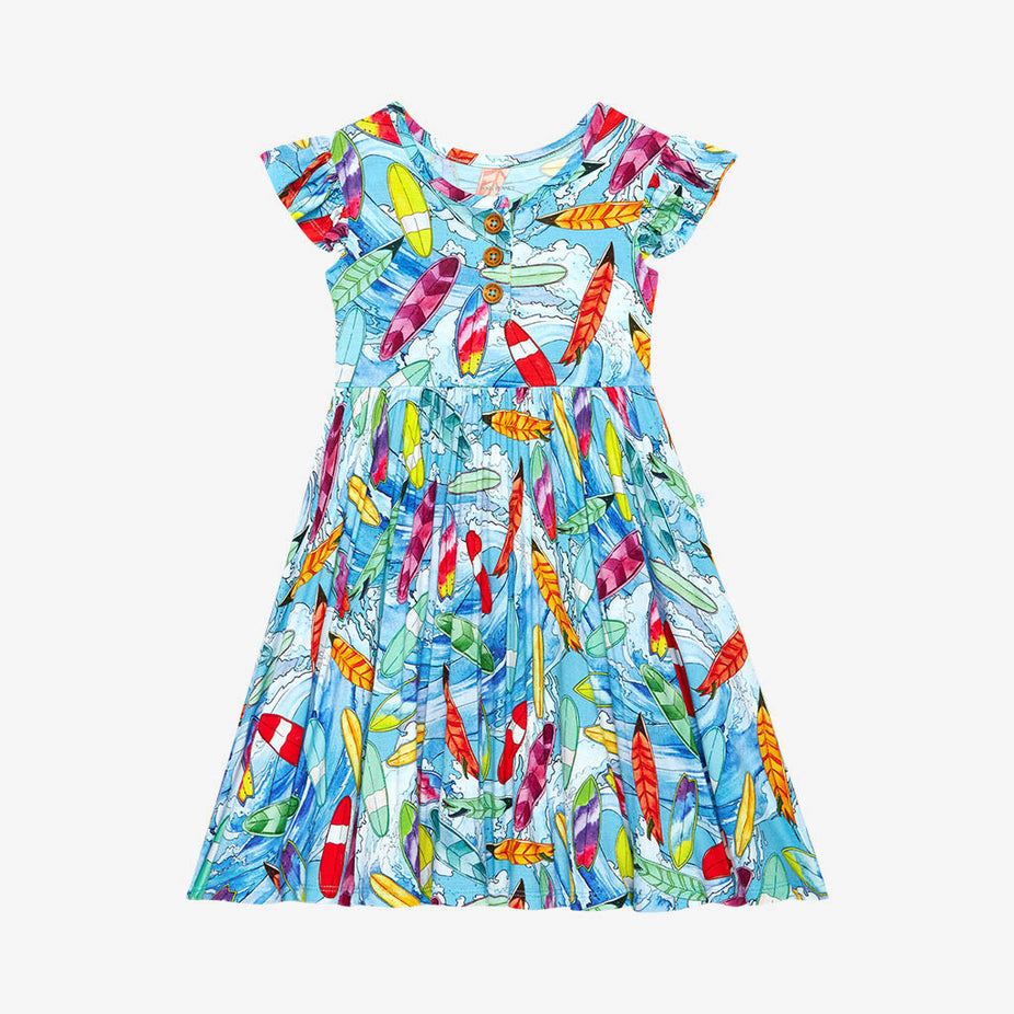 Wave Ruffled Cap Sleeve Henley Twirl Dress