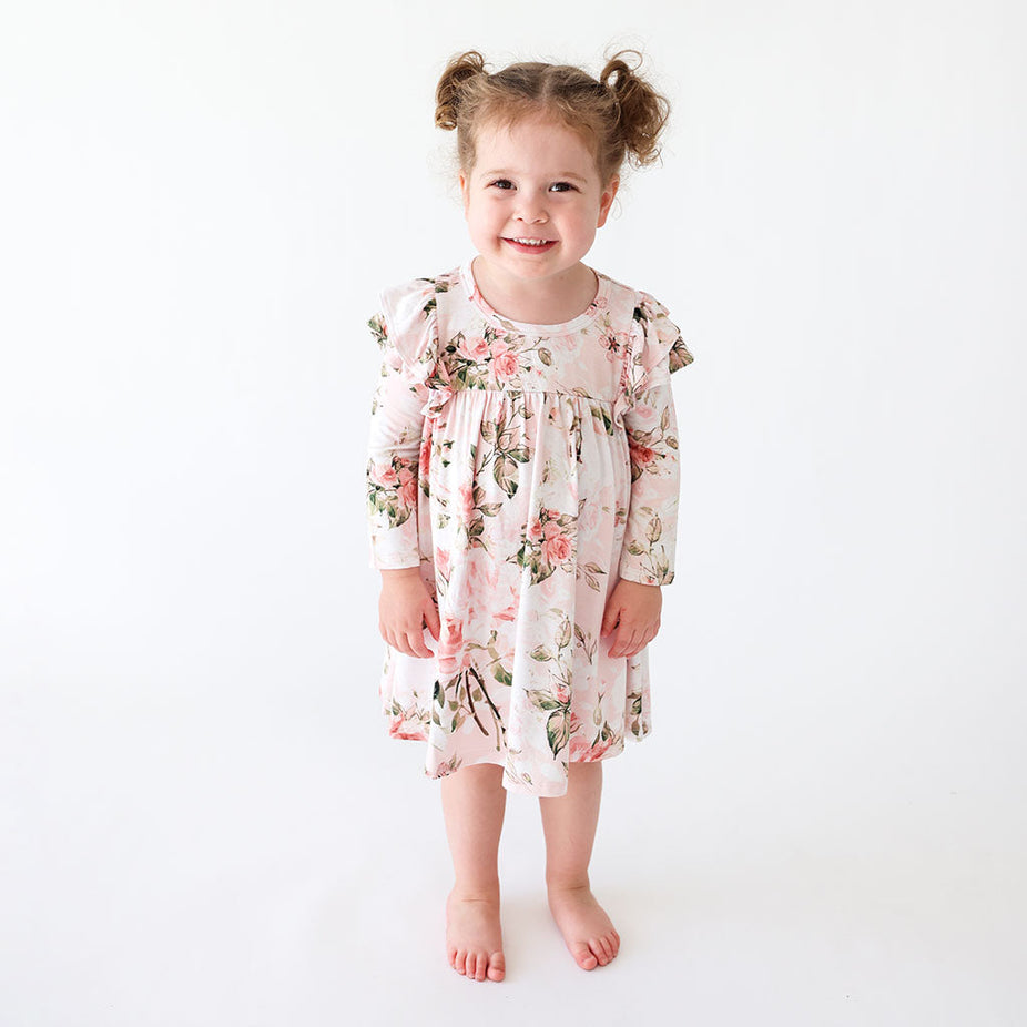 Vintage Pink Rose 3/4 Sleeve Flutter Dress