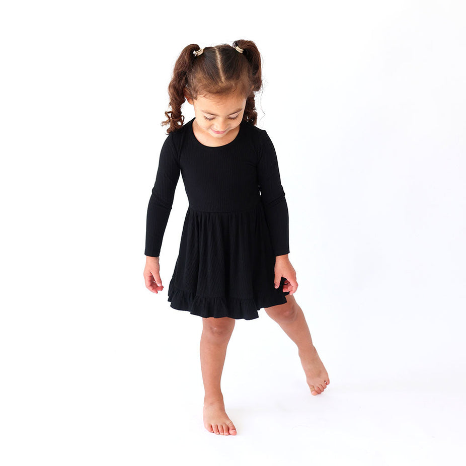 Black Ribbed Long Sleeve Ruffled Twirl Dress