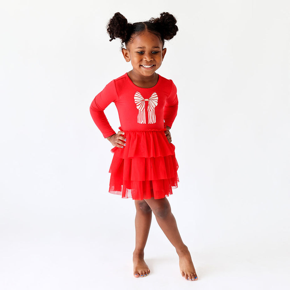 Candy Cane Bow Long Sleeve Graphic Tulle Dress