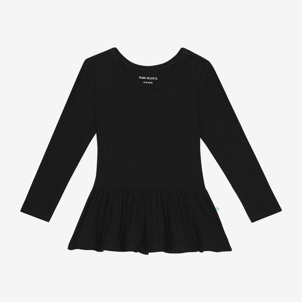 Black Ribbed Long Sleeve Peplum