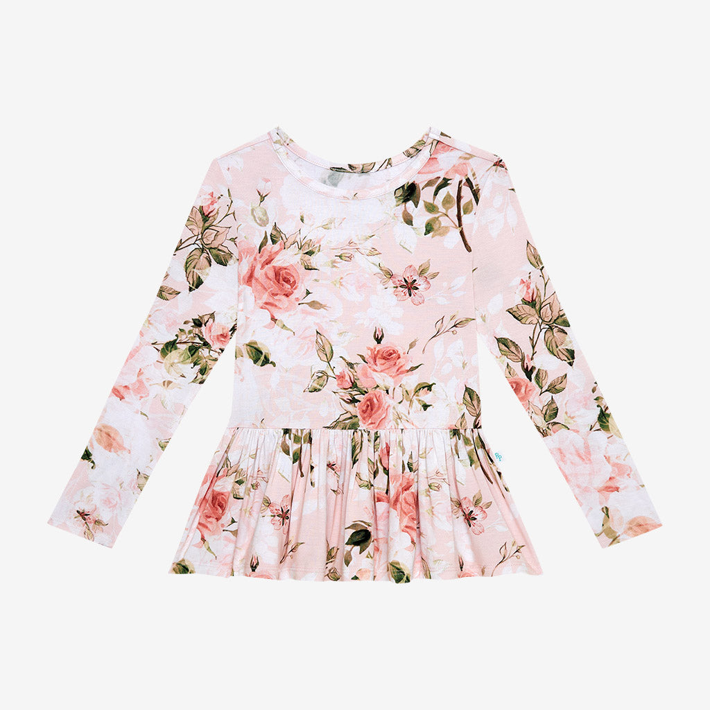 Vintage Pink Rose Long Sleeve Peplum