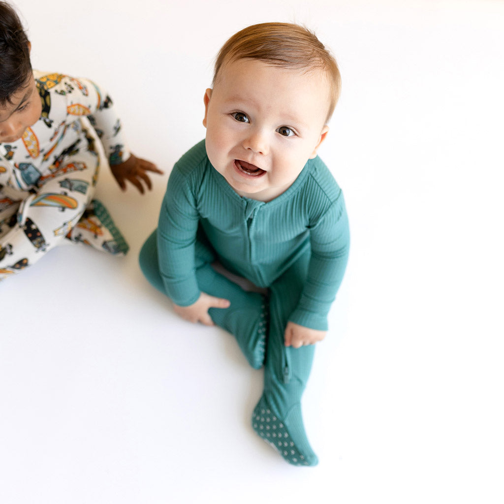 Ocean Teal Ribbed Footie Zippered One Piece