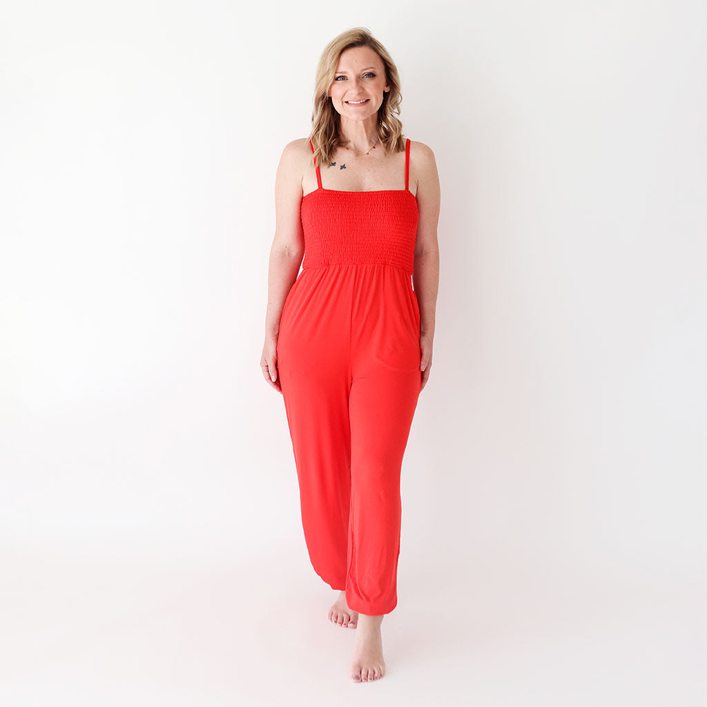 Patriotic Red Women's Sleeveless Smocked Jumpsuit