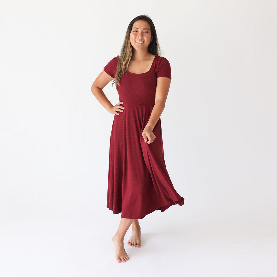 Dark Cherry Ribbed Women's Scoop Midi Dress