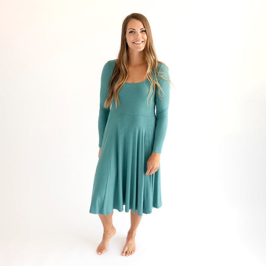 Ocean Teal Ribbed Women's Midi Twirl Dress