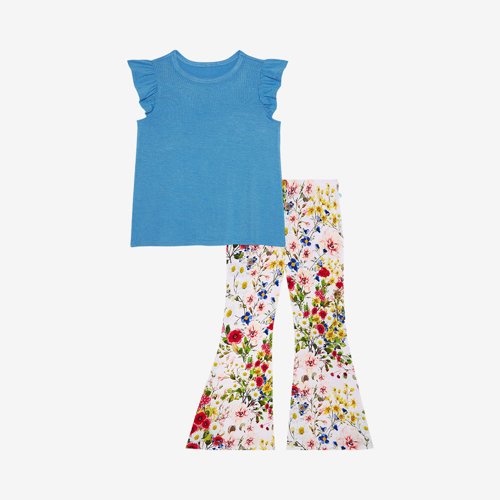 Barbara Ruffled Cap Sleeve Top Bell Bottom Set