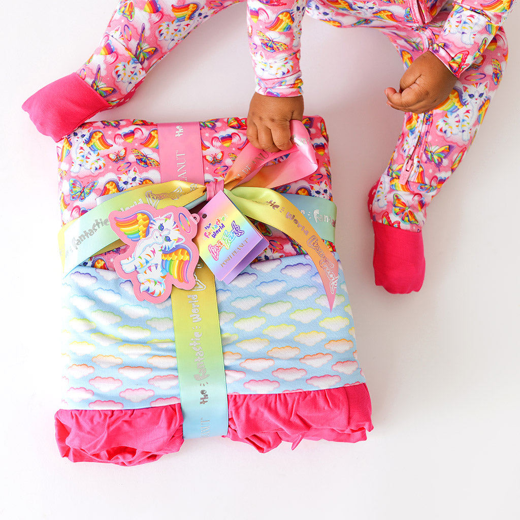 Lisa Frank® Angel Kitty™ & Rainbow Ombre Clouds Ruffled Luxe Patoo® Blanket