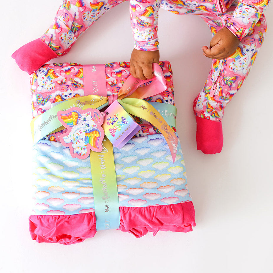 Lisa Frank® Angel Kitty™ & Rainbow Ombre Clouds Ruffled Luxe Patoo® Blanket