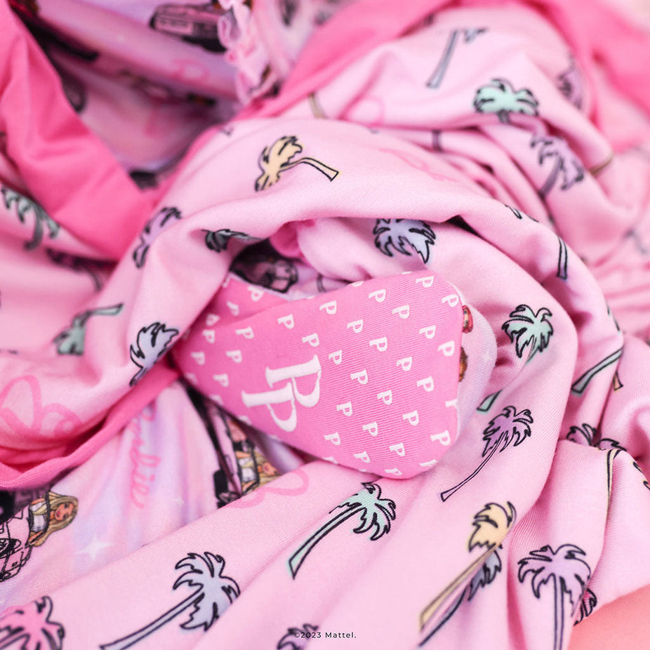 Cruisin' Barbie™ & Pastel Palm Trees Ruffled Luxe Patoo® Blanket