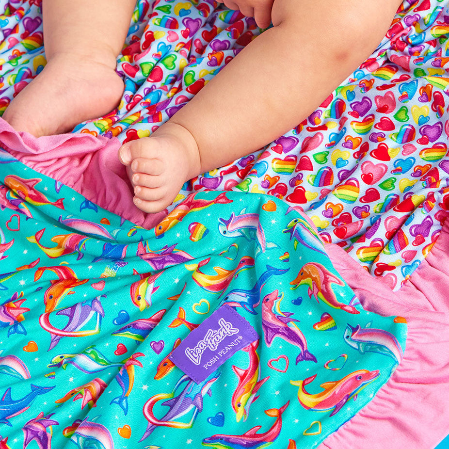 Lisa Frank® Dancing Dolphins™ & Lisa Frank® Hearts Ruffled Luxe Patoo® Blanket