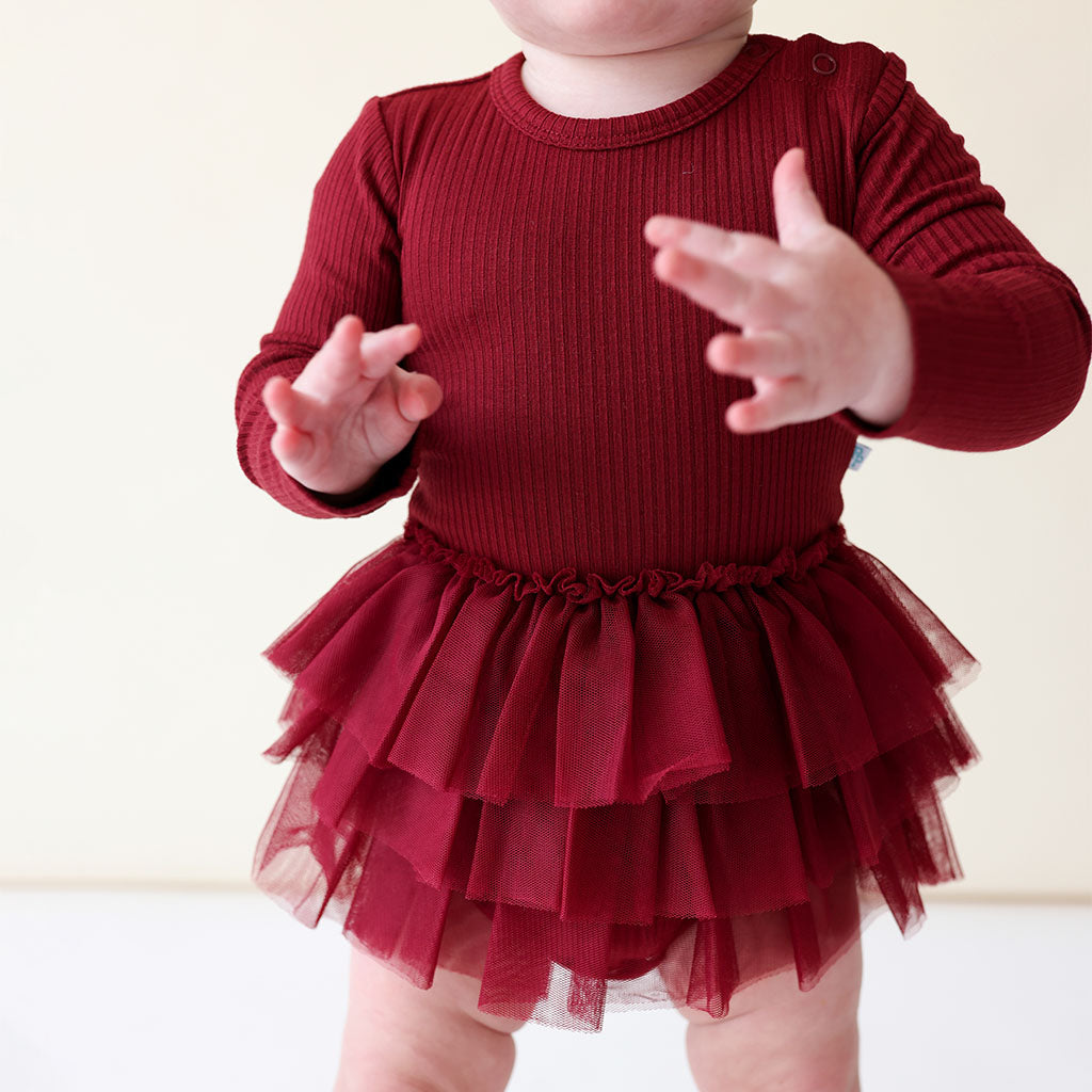 Dark Cherry Ribbed Long Sleeve Tulle Skirt Bodysuit Dress