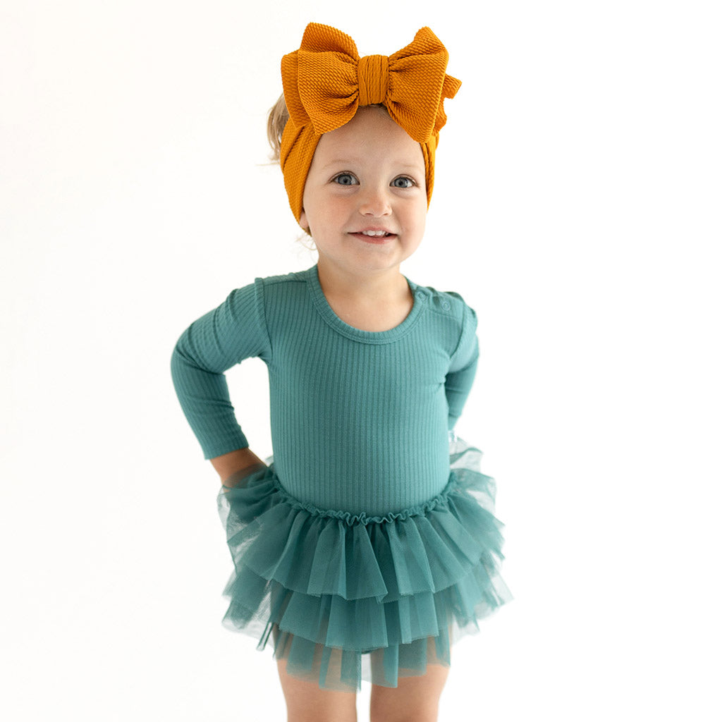 Ocean Teal Ribbed Long Sleeve Tulle Skirt Bodysuit Dress