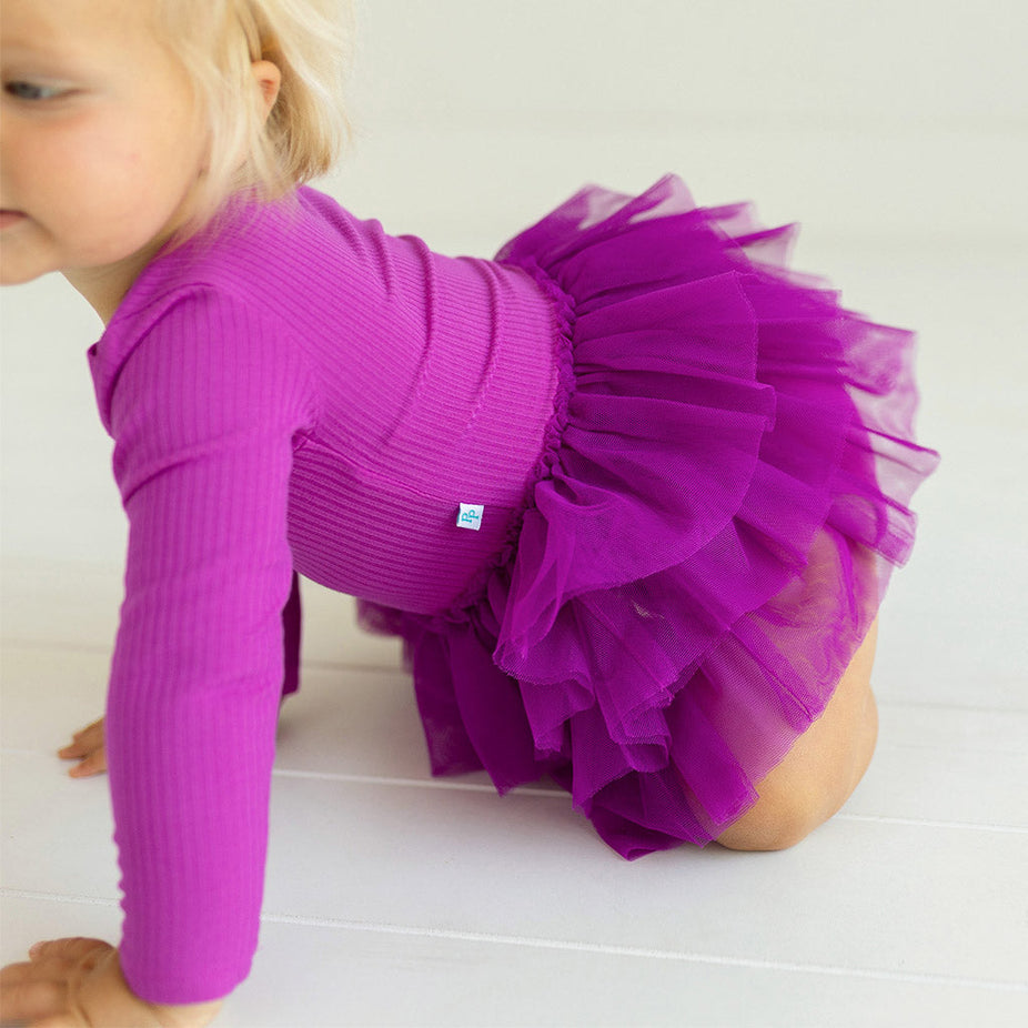Posh Plum Ribbed Long Sleeve Tulle Skirt Bodysuit Dress
