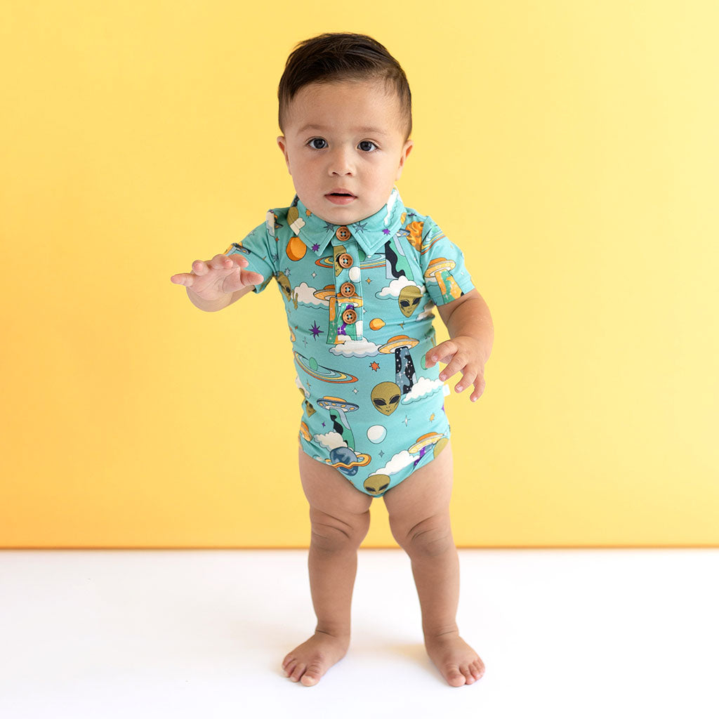 Flying Saucer Short Sleeve Collared Henley Bodysuit