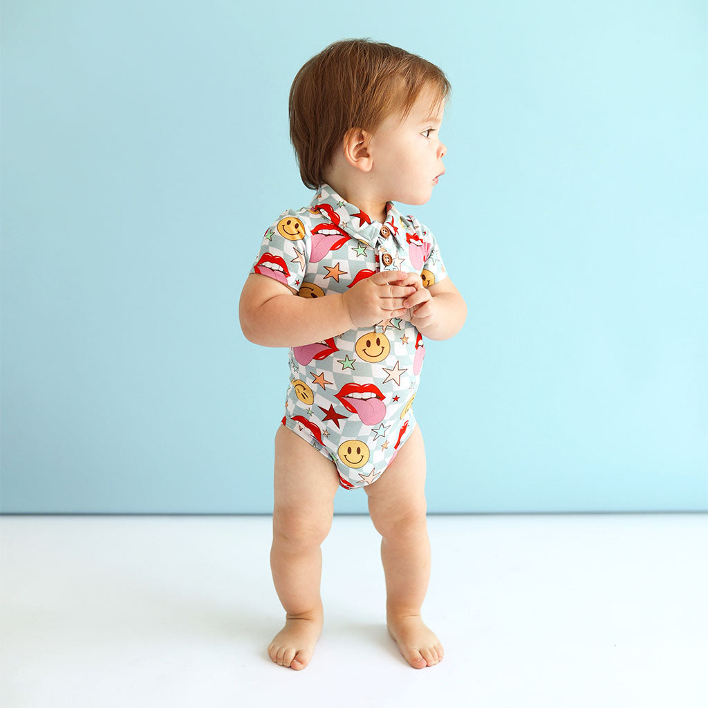 Rock and Roll Short Sleeve Collared Henley Bodysuit