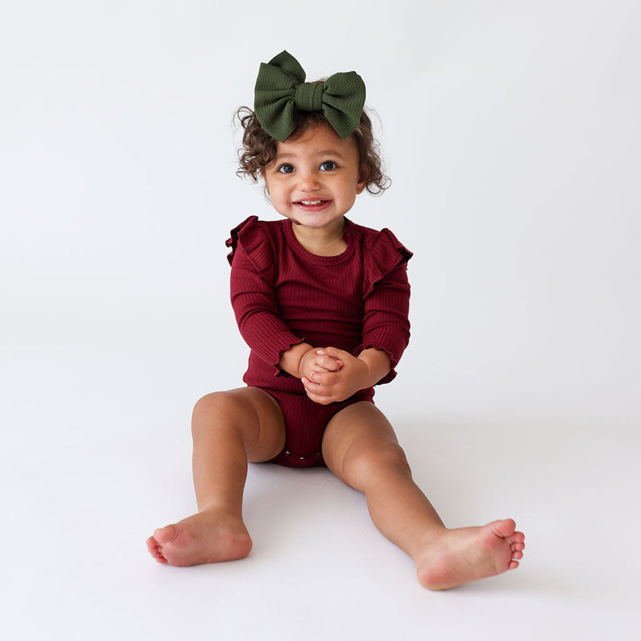 Dark Cherry Ribbed Long Sleeve Lettuce Ruffled Bodysuit