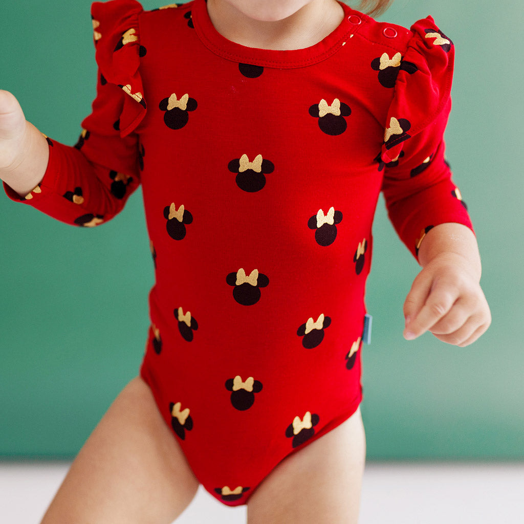 Disney Holiday Minnie Mouse Polka Dot Long Sleeve Ruffled Bodysuit