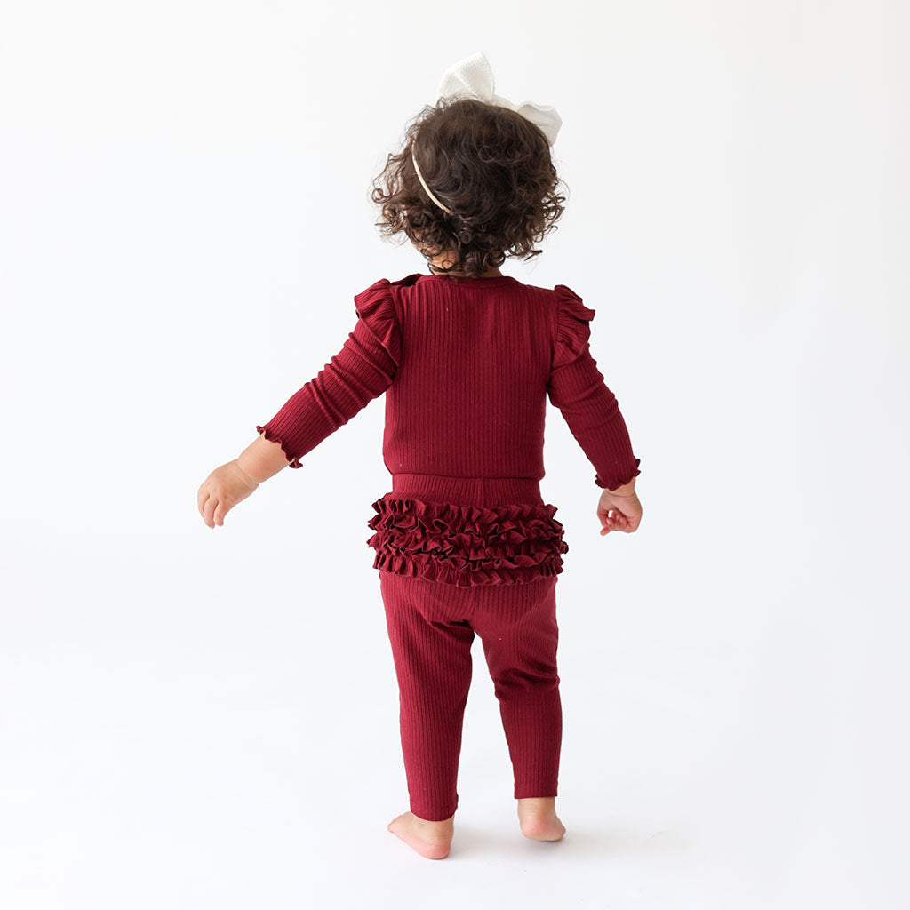 Dark Cherry Ribbed Ruffled Bum Leggings