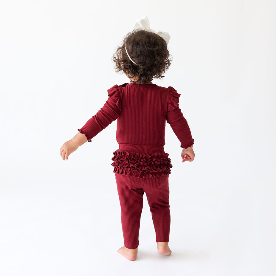 Dark Cherry Ribbed Ruffled Bum Leggings