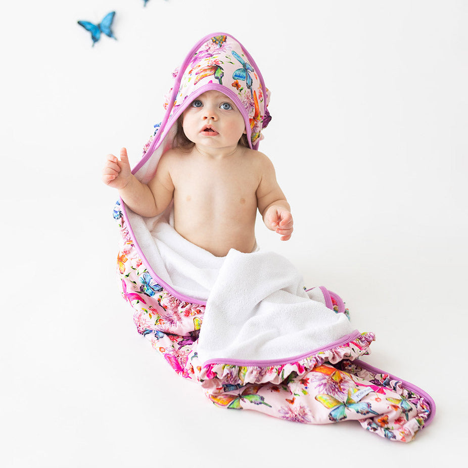 Watercolor Butterfly Ruffled Hooded Towel