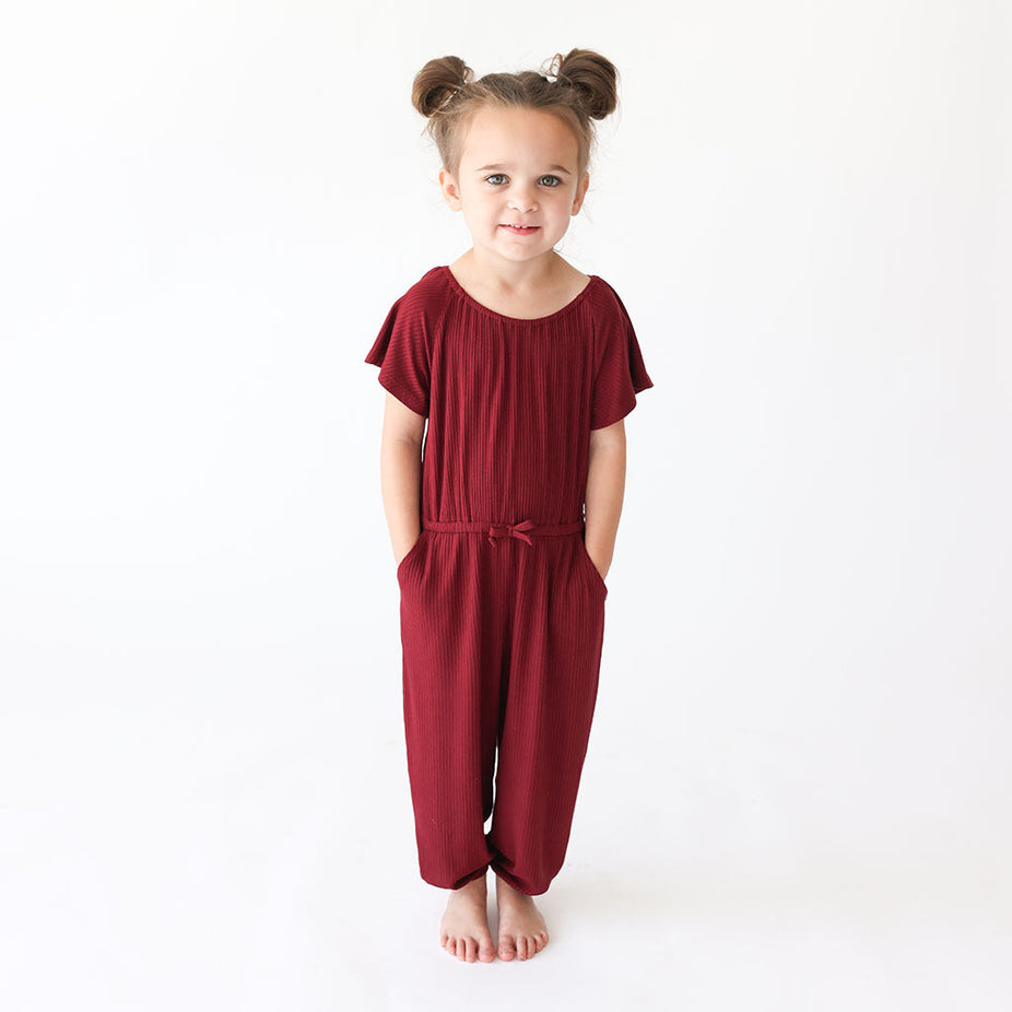 Dark Cherry Ribbed Flutter Jumpsuit