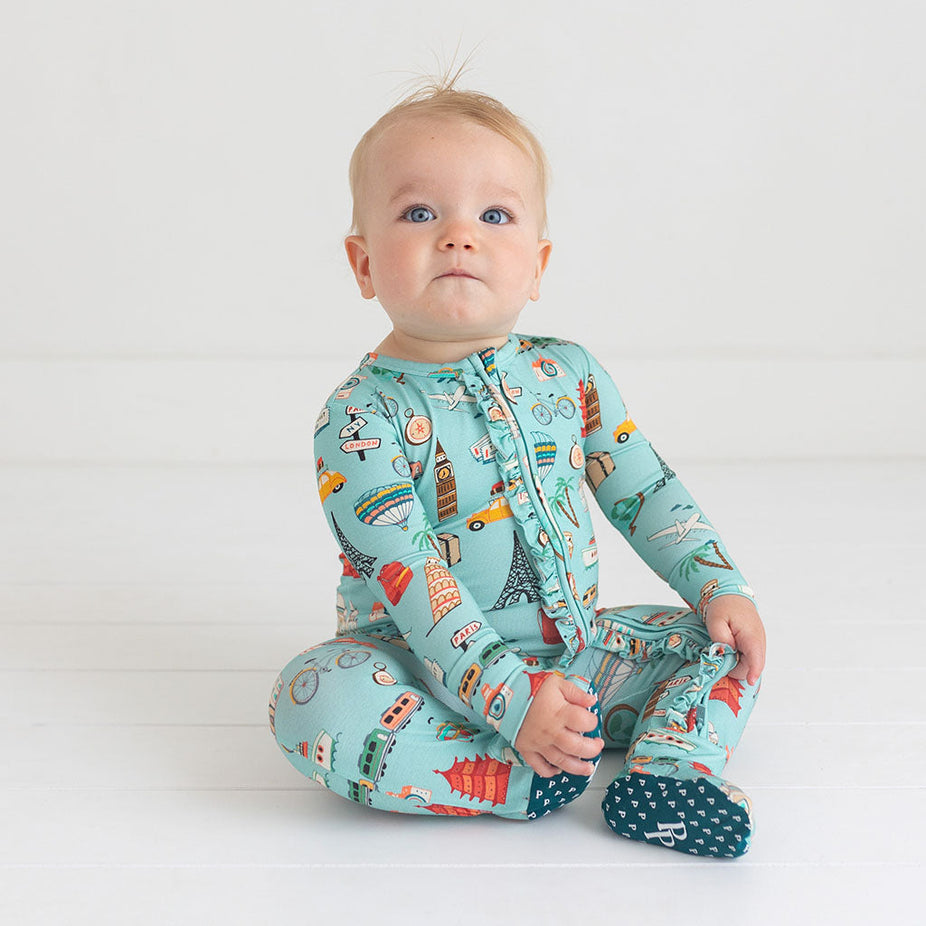 Around the World Footie Ruffled Zippered One Piece