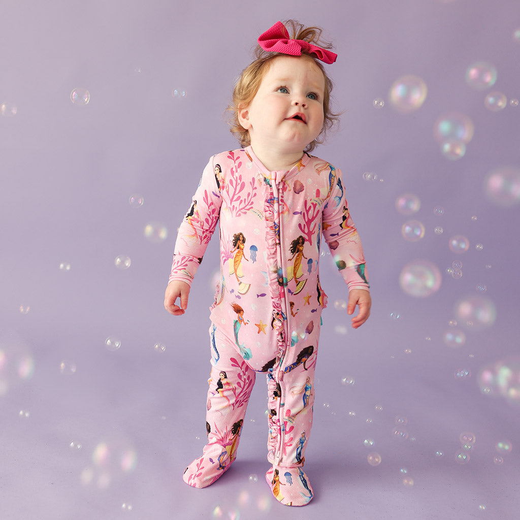 Disney's The Little Mermaid Dancing Beneath The Waves Footie Ruffled Zippered One Piece
