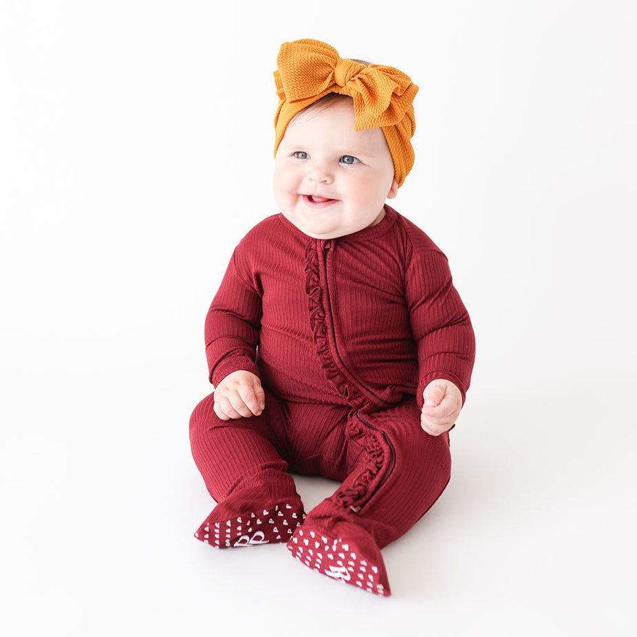 Dark Cherry Ribbed Footie Ruffled Zippered One Piece