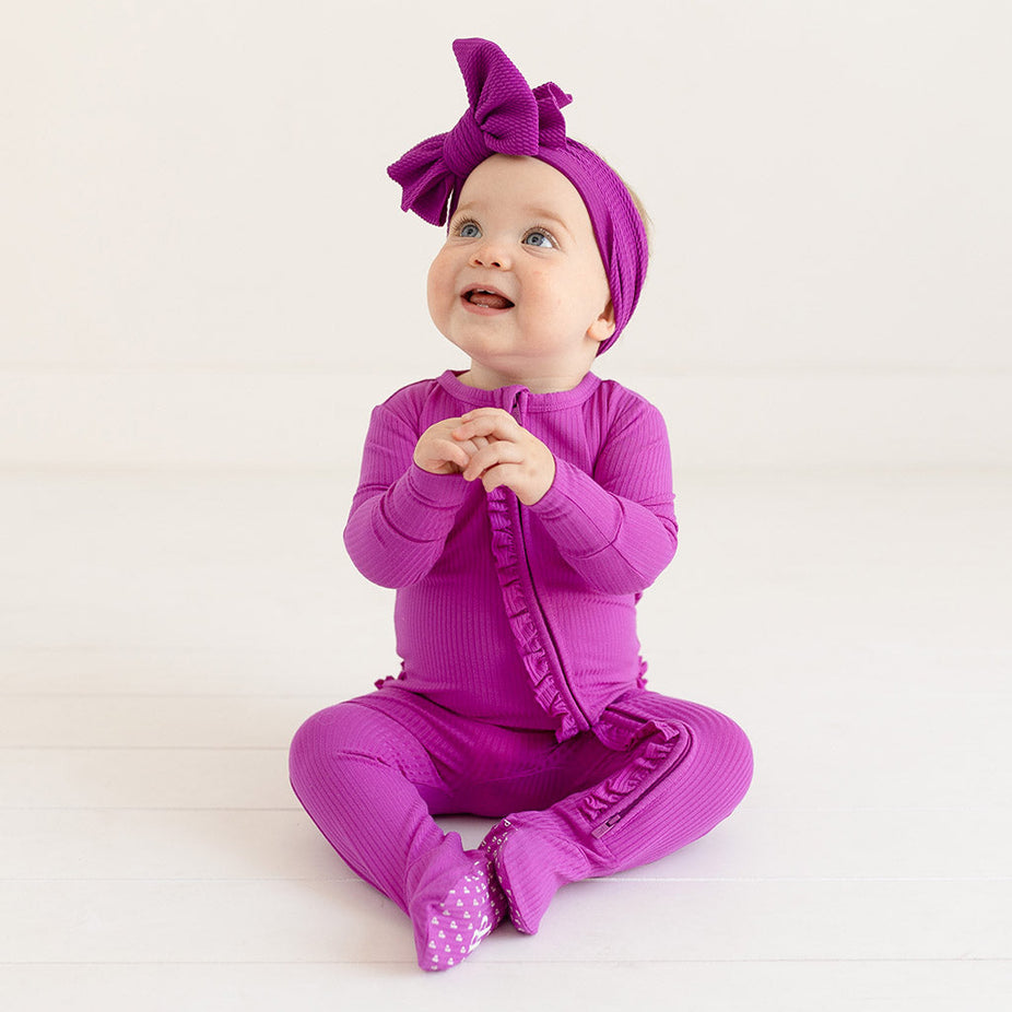 Posh Plum Ribbed Footie Ruffled Zippered One Piece