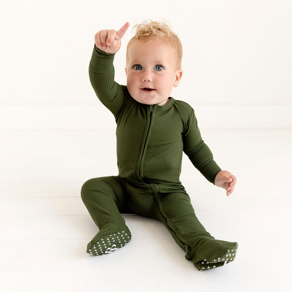 Pine Ribbed Footie Zippered One Piece