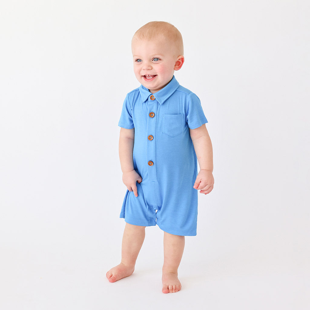 Western Blue Short Sleeve Collared Henley Shortall