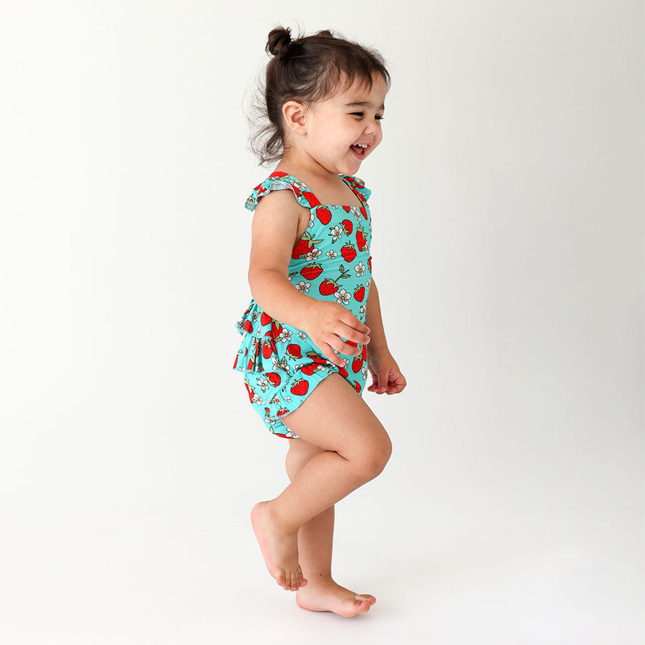 Happy Berry Ruffled Strap Bubble Romper